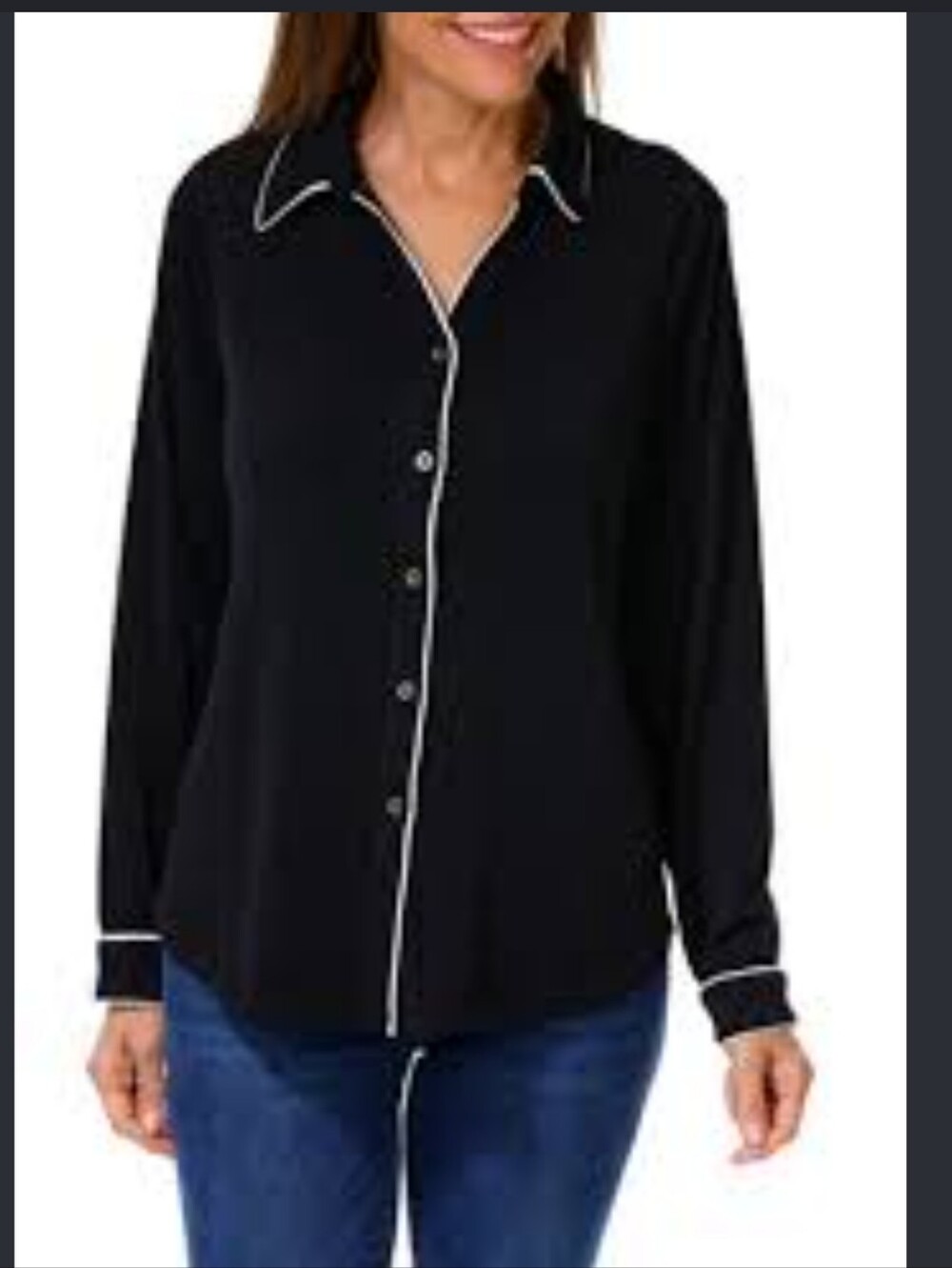 Adrianna Papell Black Button-Down Top with White Piping